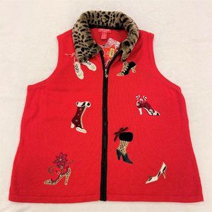 NEW Merry Bright Christmas Sweater Vest High Heels Shoes Faux Fur Collar…